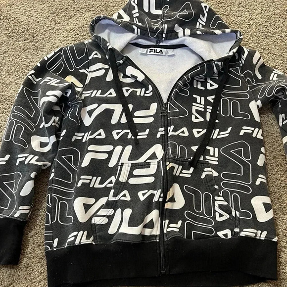 FILA Logo Graphic Retro Hip Hop Streetwear BLACK WHITE ALL OVER PRINT ZIP HOODIE - Picture 6 of 10